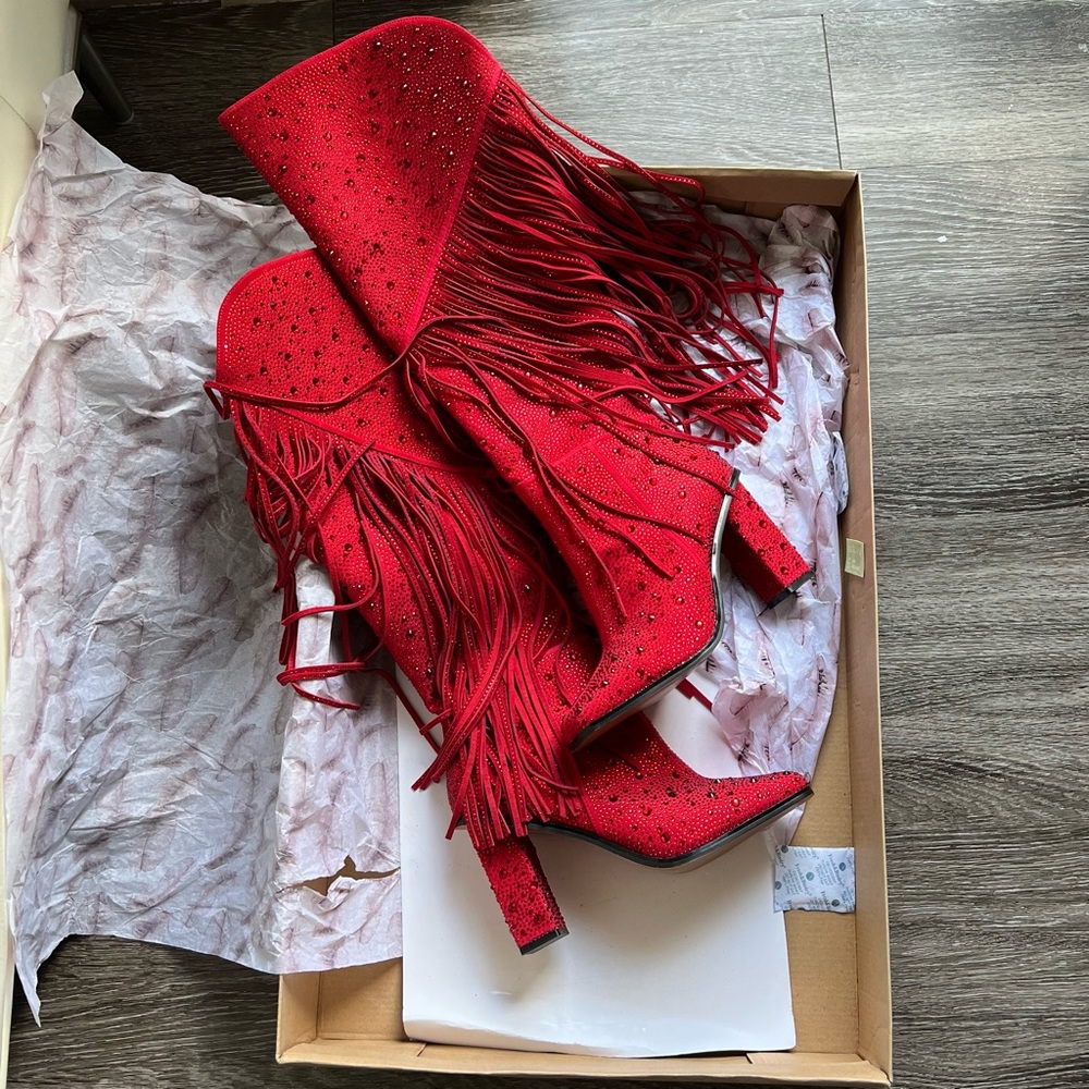 JESSICA SIMPSON Red Western Fringe Rhinestone Knee Boots size 8.5 wide calf